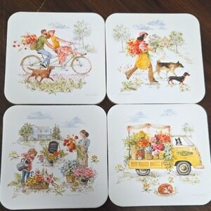 Legacy Publishing Set of 4 Floral Pet Human Themed Cork Backed Coasters